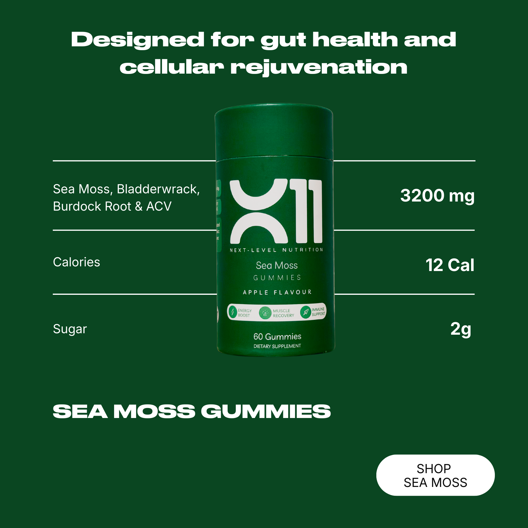 X11 Sea Moss Gummies bottle – vegan detox gummies with sea moss, bladderwrack and burdock root